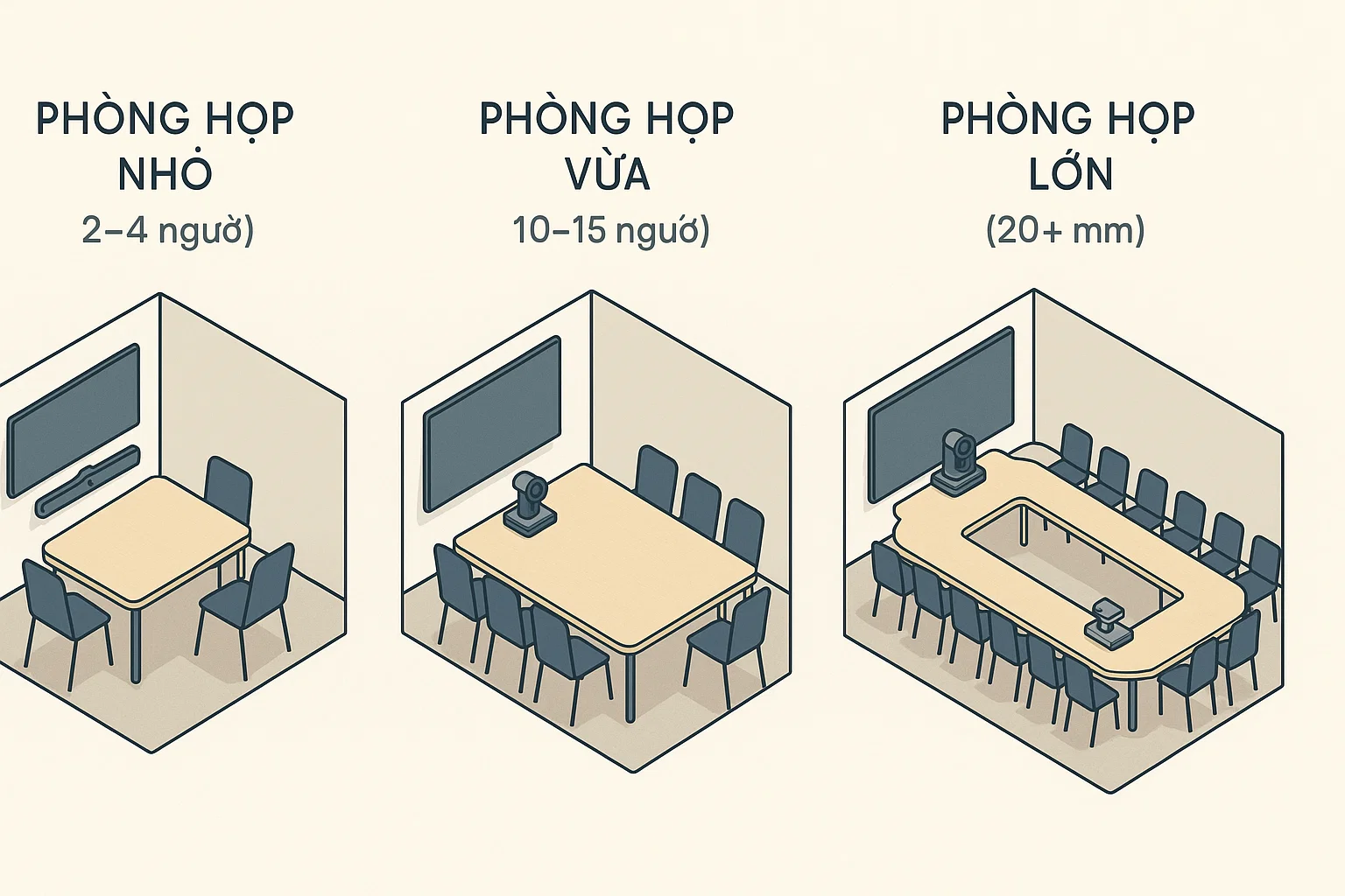 Phân tích lựa chọn camera hội nghị MAXHUB và Logitech phù hợp với từng quy mô phòng họp: nhỏ, vừa và lớn. MAXHUB Việt Nam tư vấn giải pháp tối ưu.