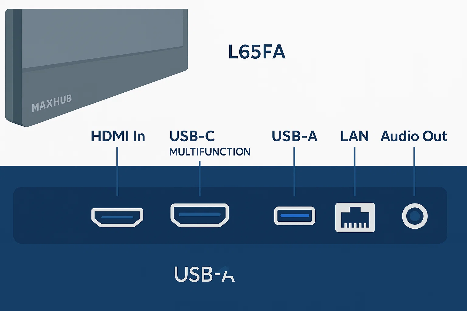 Các cổng kết nối đa dạng trên MAXHUB L65FA, bao gồm cả USB-C đa năng.